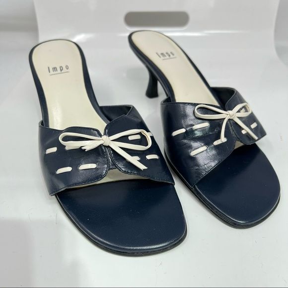 Impo Shoes - Impo Nicky Square Toe Kitten Heel Bow Vamp Slide Sandal Mules Navy Blue & Cream